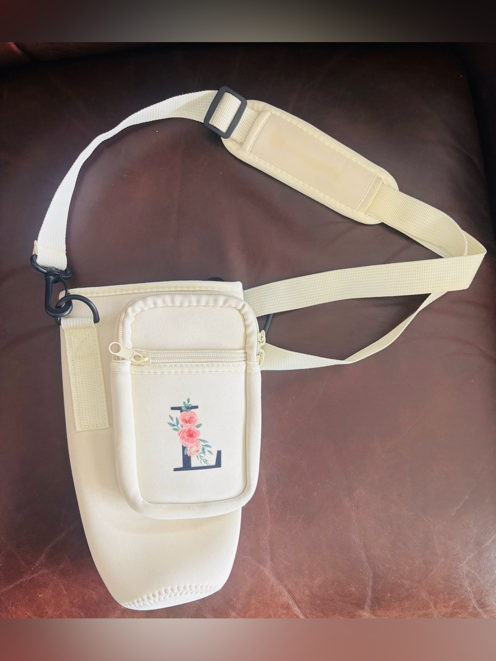 Neoprene Water Bottle Holder in Cream with L Floral Monogram Adjustable Strap